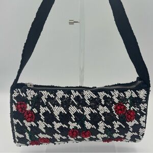 Black Beaded Houndstooth Shoulder Bag - Red Cherry Motif - Made in India
